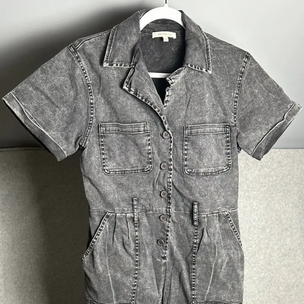 Skies Are Blue Small Washed Black Denim Pleated Boilersuit Short Sleeve‎ Stretch